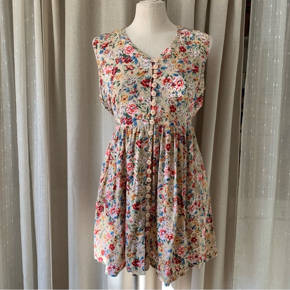 VINTAGE STYLE MINI COTTAGECORE FLORAL TIE UP SUMMER DRESS L - Picture 1 of 7